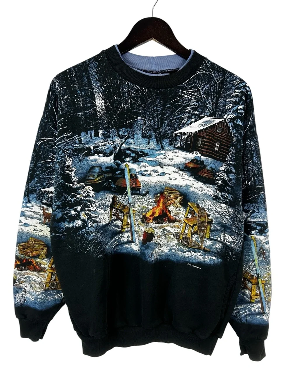 Men's VTG Winter Scene Crewneck Sweatshirt Black/Blue Size M/L